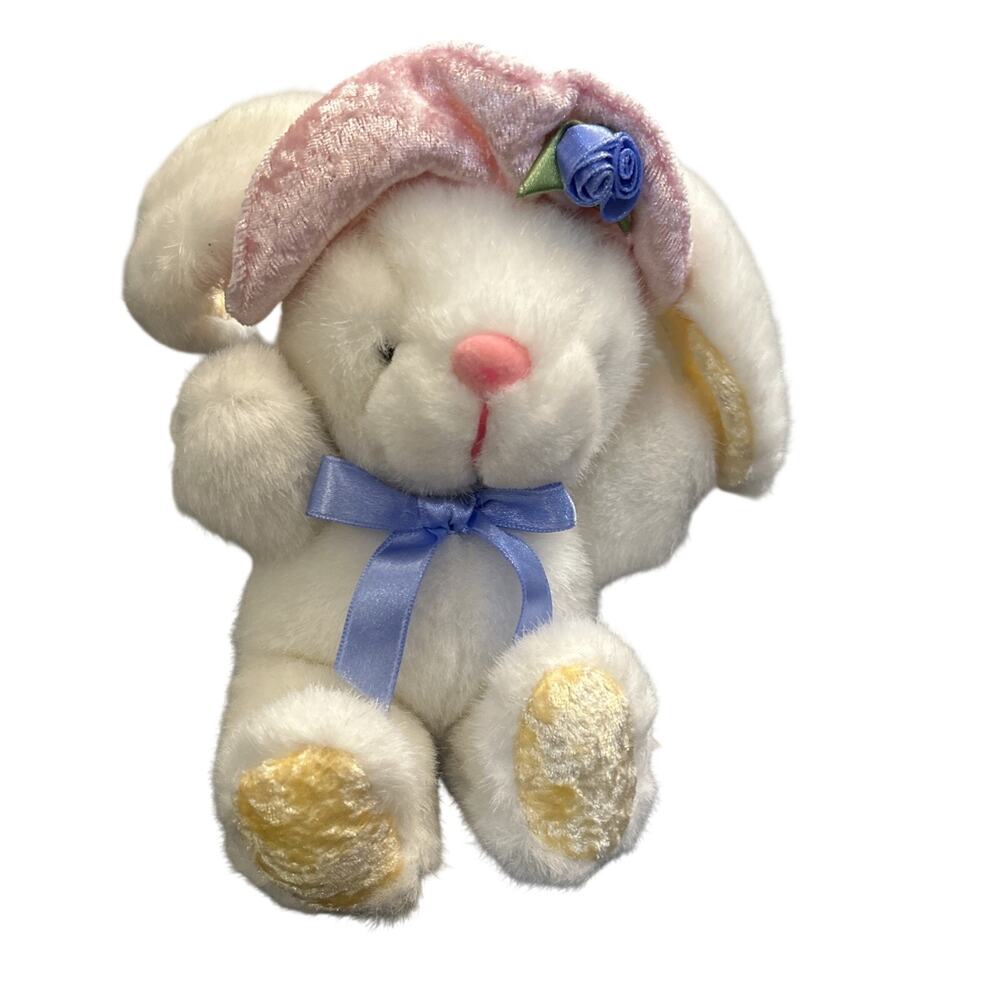 Dan Dee Bunny Rabbit Plush Stuffed Animal 6” White Pink Hat Vintage